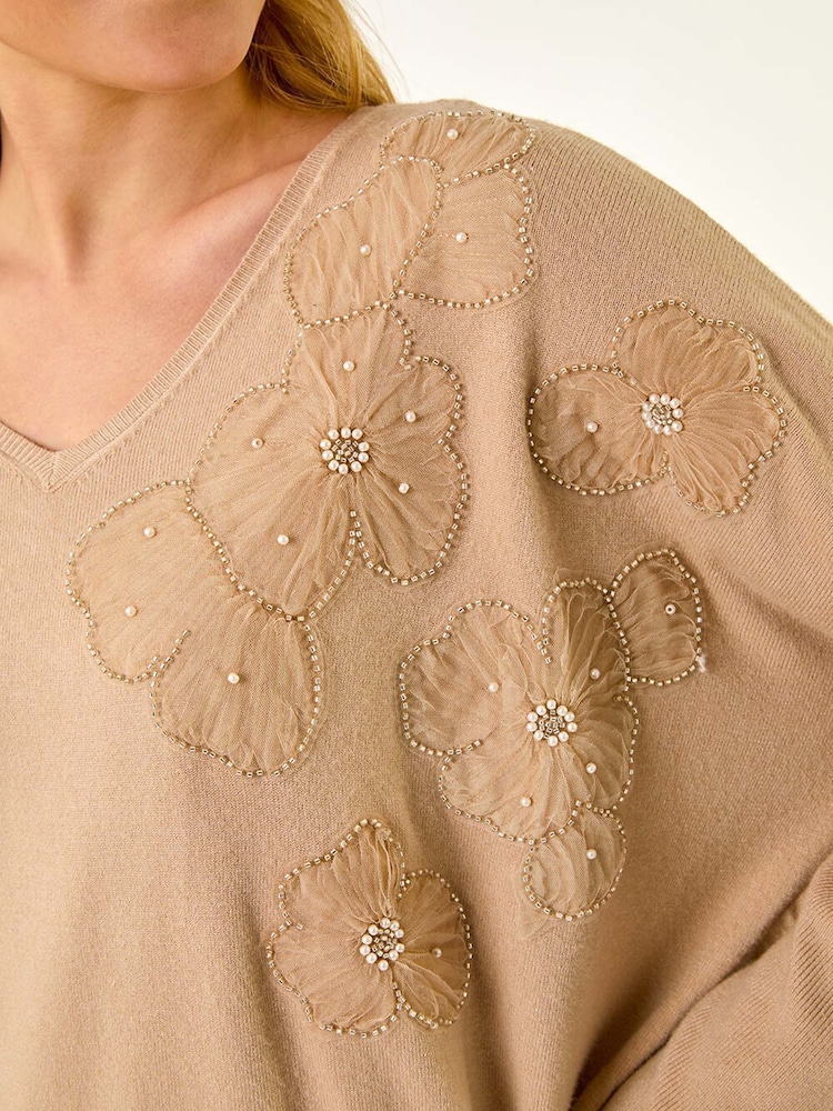 Roman Natural Floral Sequin V-Neck Knit Jumper - Image 5 of 5 Roman Natural Floral Sequin V-Neck Knit Jumper - Image 5 of 5