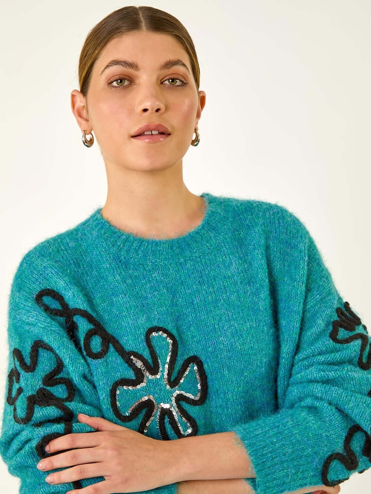 Roman Blue Sequin Floral Knit Jumper - Image 1 of 5 Roman Blue Sequin Floral Knit Jumper - Image 1 of 5