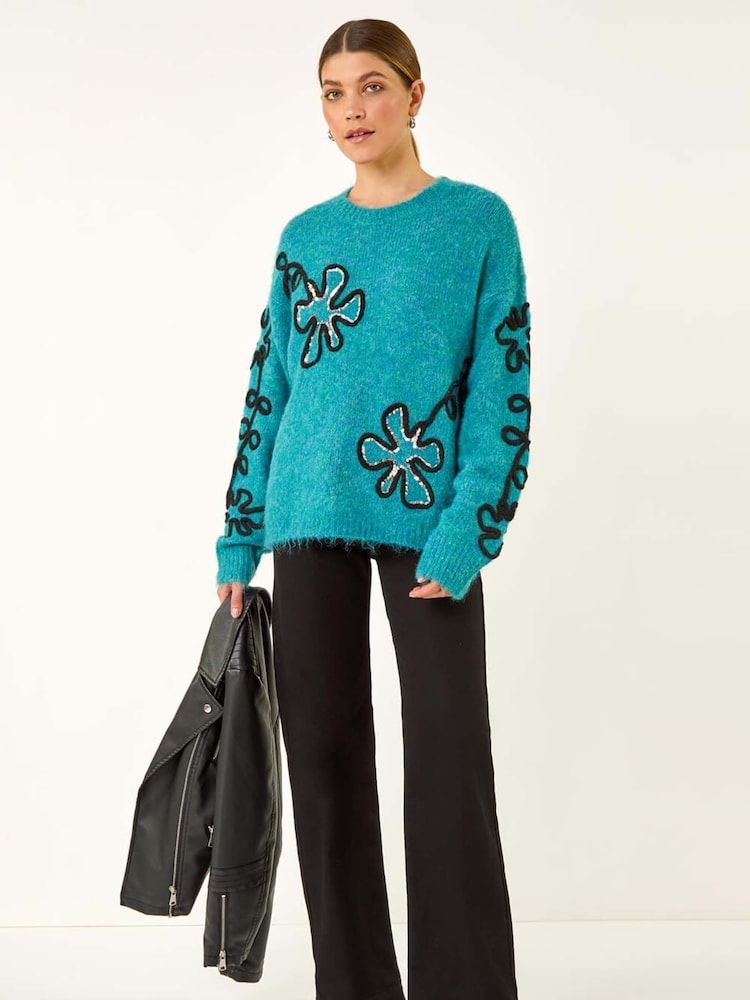 Roman Blue Sequin Floral Knit Jumper - Image 2 of 5 Roman Blue Sequin Floral Knit Jumper - Image 2 of 5