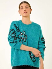 Roman Blue Sequin Floral Knit Jumper - Image 4 of 5