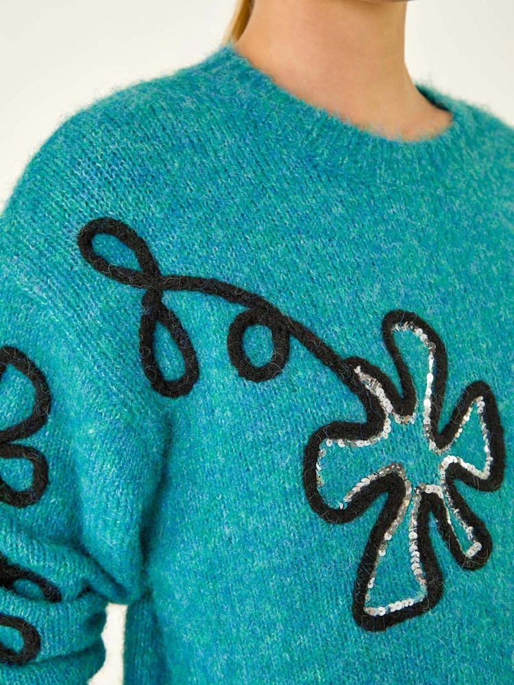 Roman Blue Sequin Floral Knit Jumper - Image 5 of 5 Roman Blue Sequin Floral Knit Jumper - Image 5 of 5