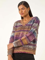 Roman Purple Textured Stripe V-Neck Knit Jumper - Image 1 of 5
