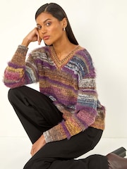 Roman Purple Textured Stripe V-Neck Knit Jumper - Image 2 of 5