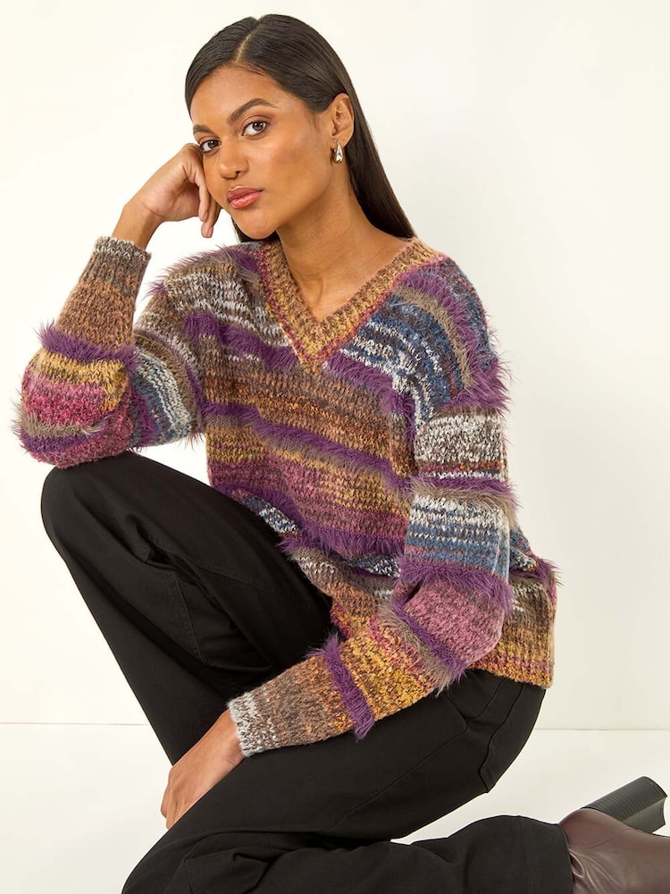 Roman Purple Textured Stripe V-Neck Knit Jumper - Image 2 of 5