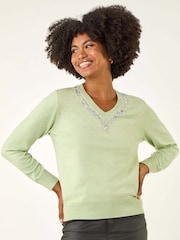 Roman Green V-Neck Embellished Trim Jumper - Image 1 of 5