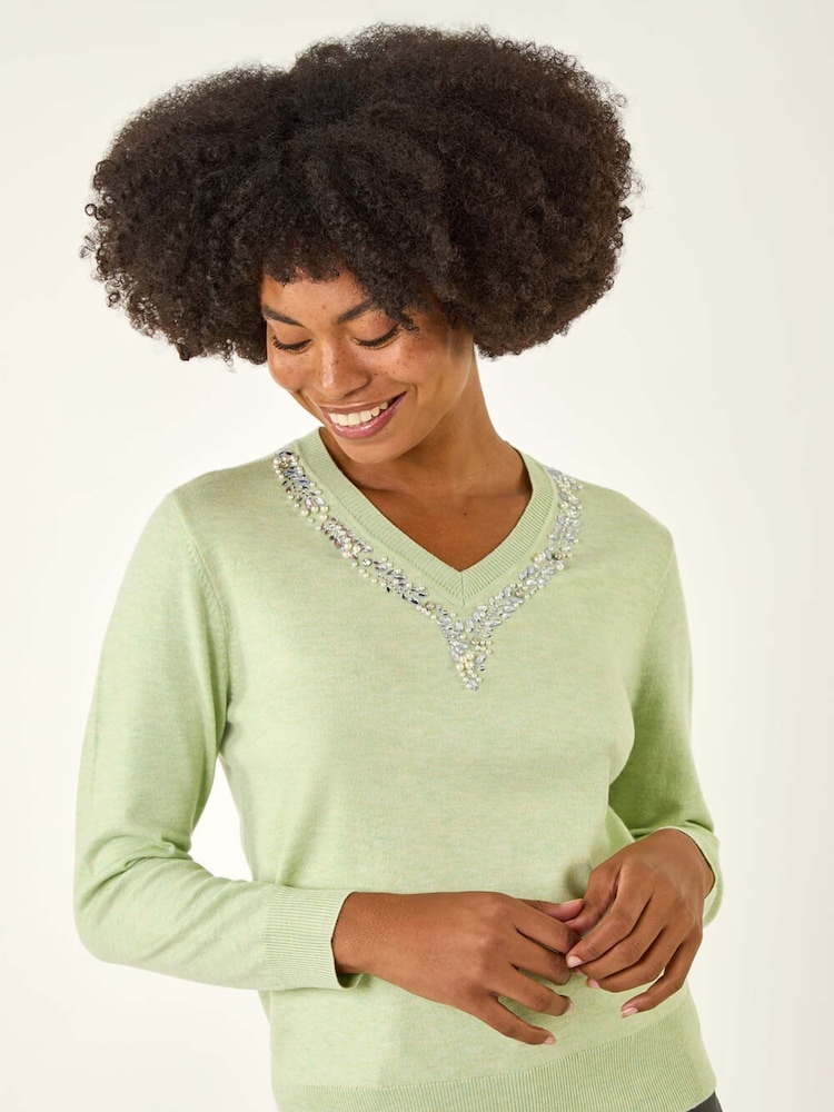 Roman Green V-Neck Embellished Trim Jumper - Image 2 of 5 Roman Green V-Neck Embellished Trim Jumper - Image 2 of 5