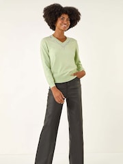 Roman Green V-Neck Embellished Trim Jumper - Image 3 of 5