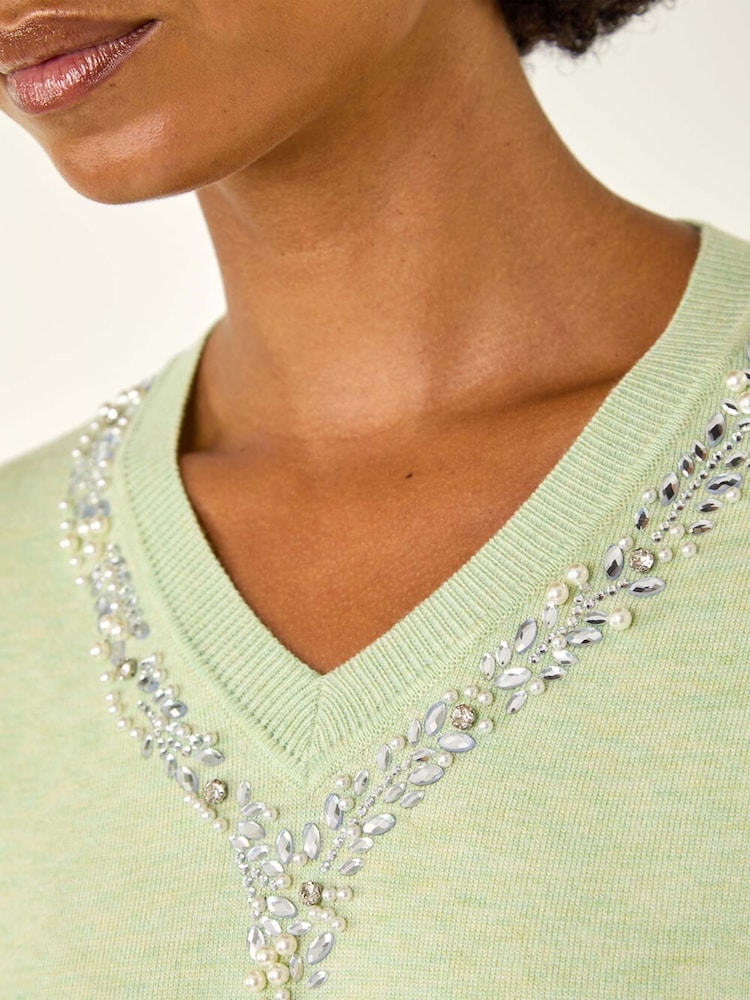 Roman Green V-Neck Embellished Trim Jumper - Image 5 of 5 Roman Green V-Neck Embellished Trim Jumper - Image 5 of 5