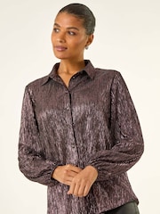 Roman Pink Foil Plisse Button Through Blouse - Image 1 of 5