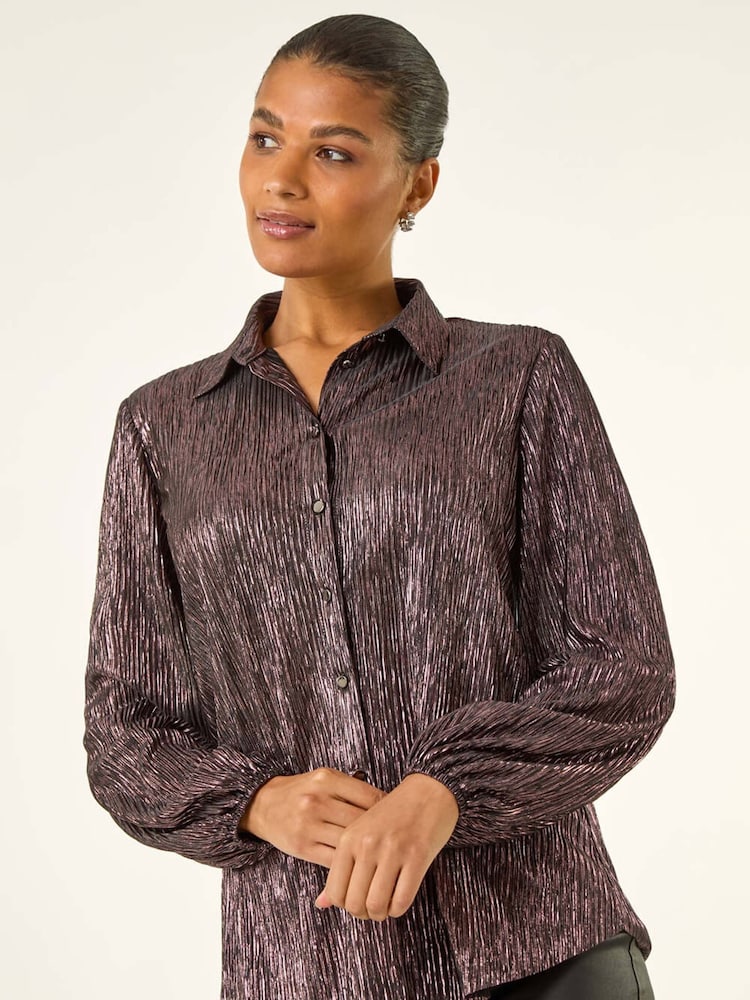 Roman Pink Foil Plisse Button Through Blouse - Image 1 of 5 Roman Pink Foil Plisse Button Through Blouse - Image 1 of 5