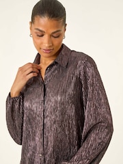 Roman Pink Foil Plisse Button Through Blouse - Image 2 of 5