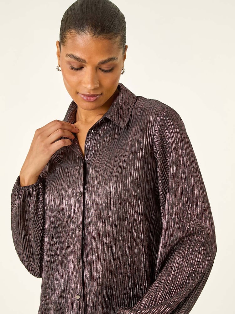 Roman Pink Foil Plisse Button Through Blouse - Image 2 of 5 Roman Pink Foil Plisse Button Through Blouse - Image 2 of 5