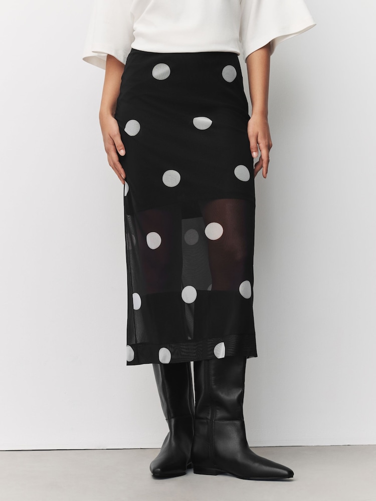 Black/White Spot Mesh Midi Pencil Skirt - Image 2 of 7 Black/White Spot Mesh Midi Pencil Skirt - Image 2 of 7