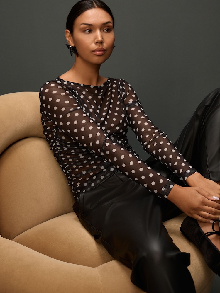 Black Polka Dot Long Sleeve Ruched Side Mesh Top - Image 2 of 8 Black Polka Dot Long Sleeve Ruched Side Mesh Top - Image 2 of 8