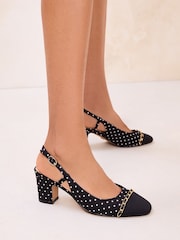 Lipsy Black Standard Fit Chain Detail Contrast Toe Cap Slingback Block Heel Ballerinas - Image 1 of 5