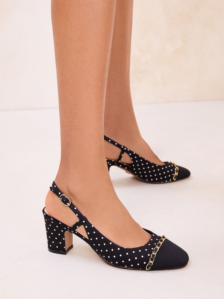Lipsy Black Standard Fit Chain Detail Contrast Toe Cap Slingback Block Heel Ballerinas - Image 1 of 5 Lipsy Black Standard Fit Chain Detail Contrast Toe Cap Slingback Block Heel Ballerinas - Image 1 of 5