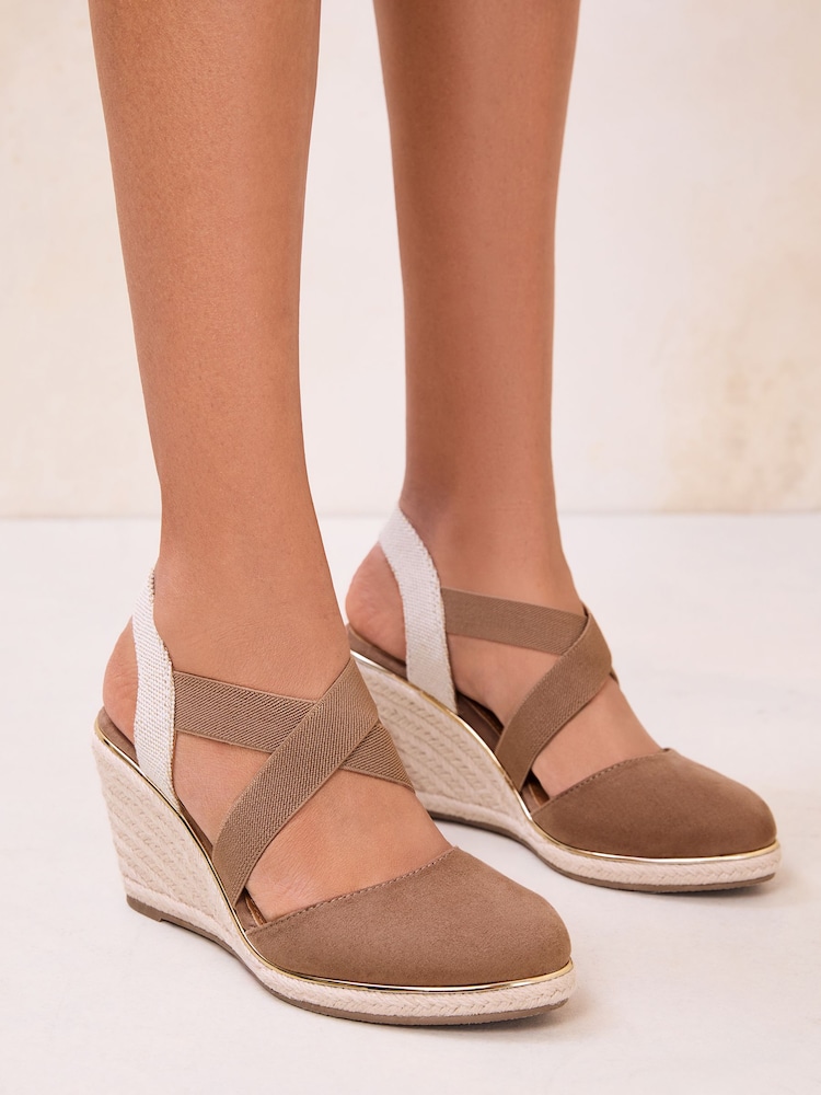 Lipsy Taupe Standard Fit Faux Suede Closed Toe Elastic Crossover Strap Mid Espadrille Wedges - Image 1 of 5