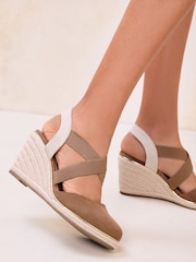 Lipsy Taupe Standard Fit Faux Suede Closed Toe Elastic Crossover Strap Mid Espadrille Wedges - Image 2 of 5
