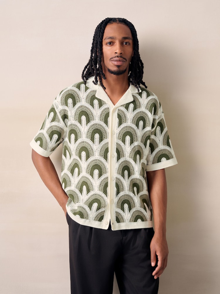 Weiß-grün - Relaxed Fit Pattern Crochet Knitted Shirt - Bild 1 von 7 Weiß-grün - Relaxed Fit Pattern Crochet Knitted Shirt - Bild 1 von 7