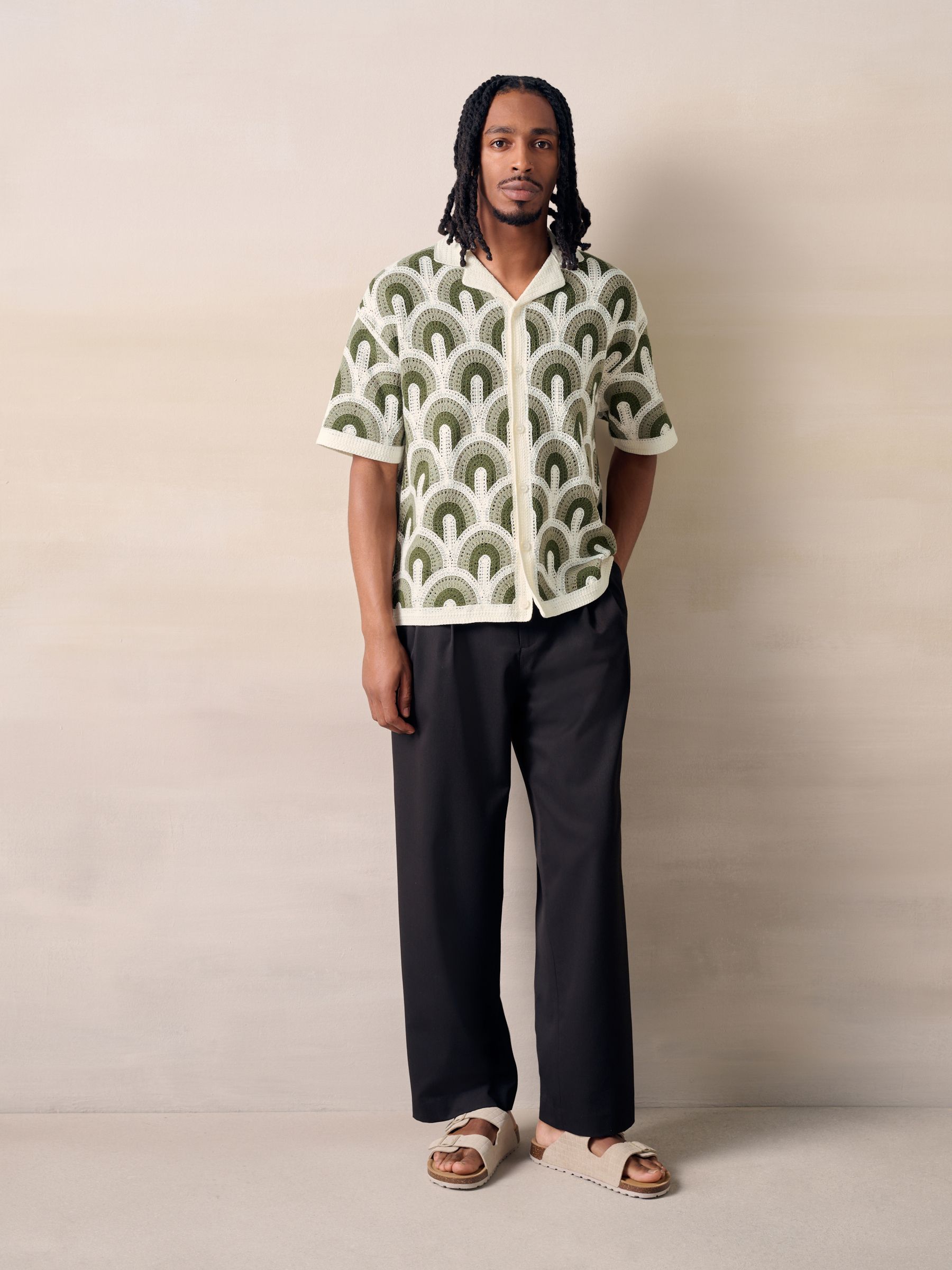 Buy White/Green Relaxed Fit Pattern Crochet Knitted Shirt from