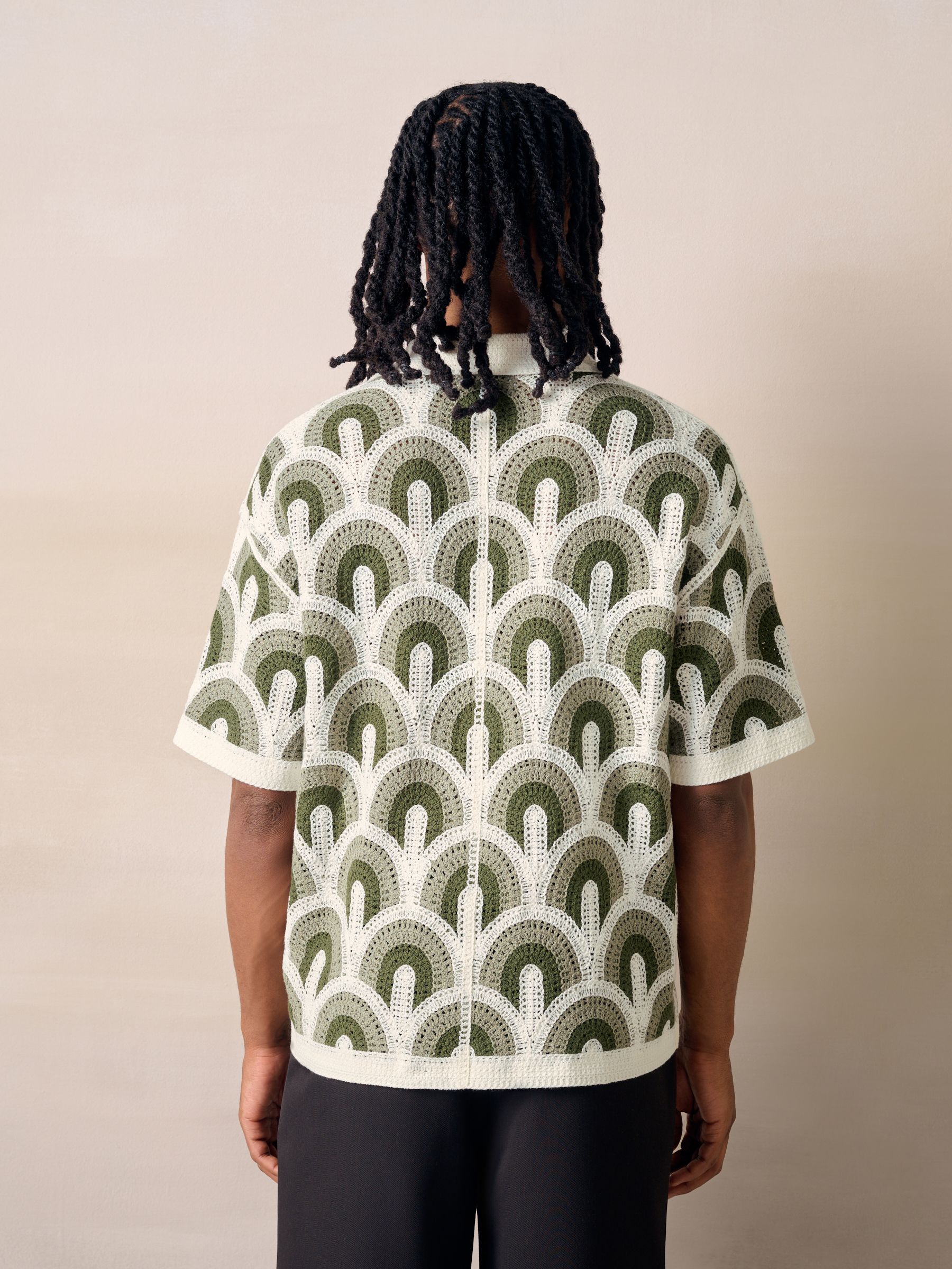 Buy White/Green Relaxed Fit Pattern Crochet Knitted Shirt from the