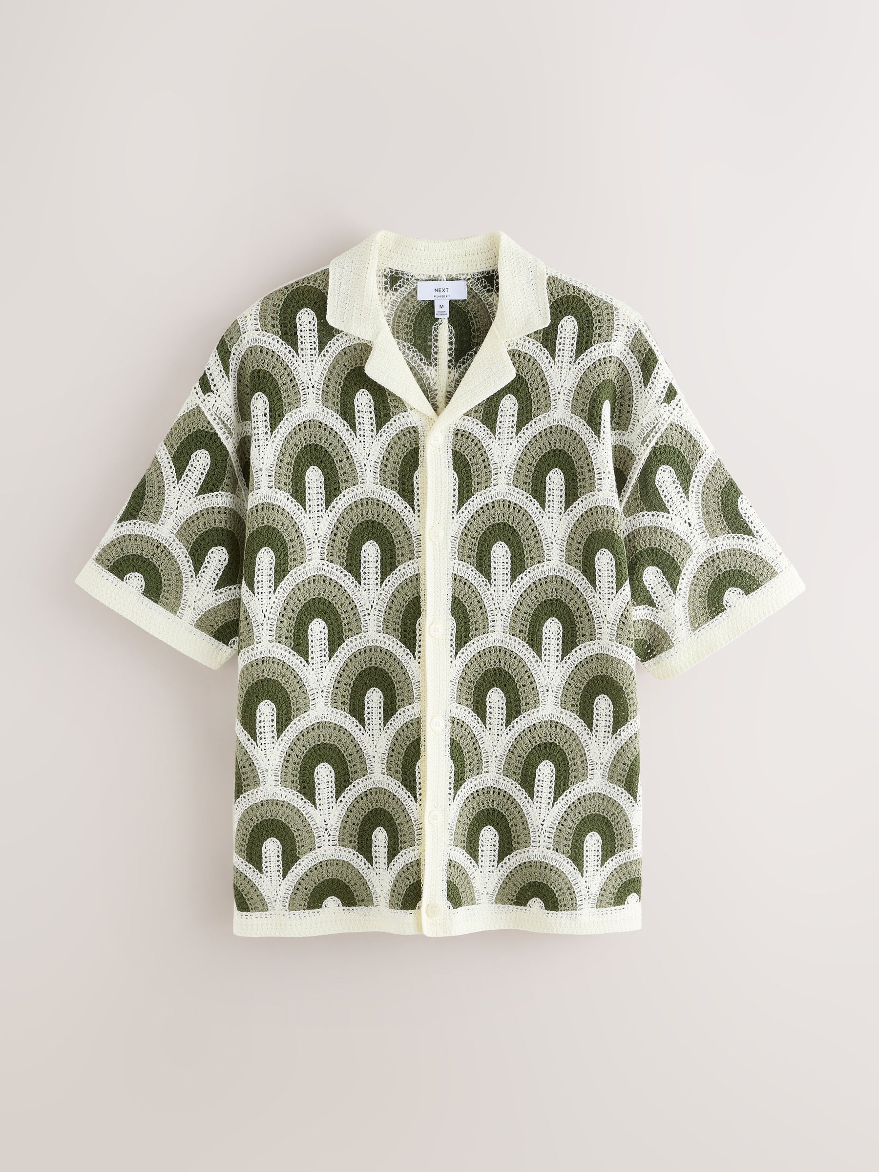 Buy White/Green Relaxed Fit Pattern Crochet Knitted Shirt from