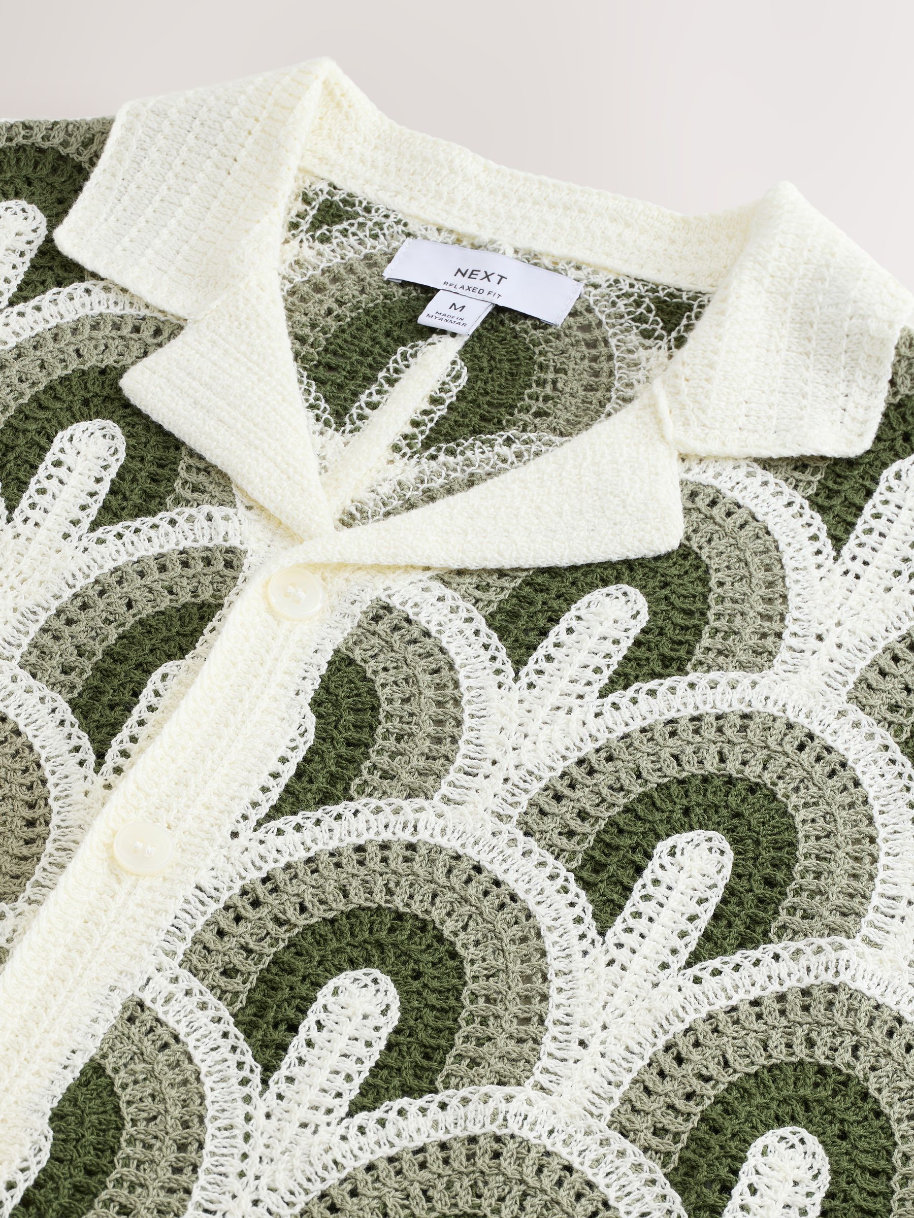 Buy White/Green Relaxed Fit Pattern Crochet Knitted Shirt from