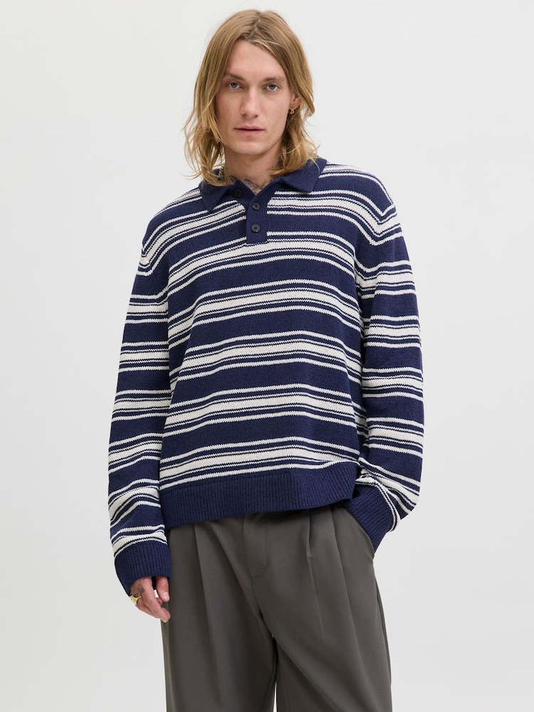 JACK & JONES Blue Knitted Long Sleeve Polo Top - Image 1 of 5 JACK & JONES Blue Knitted Long Sleeve Polo Top - Image 1 of 5
