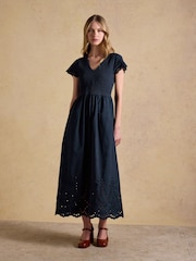 Joules Ivy Navy Shirred Jersey Woven Midi Dress With Broderie Sleeve Detail - Image 1 of 8
