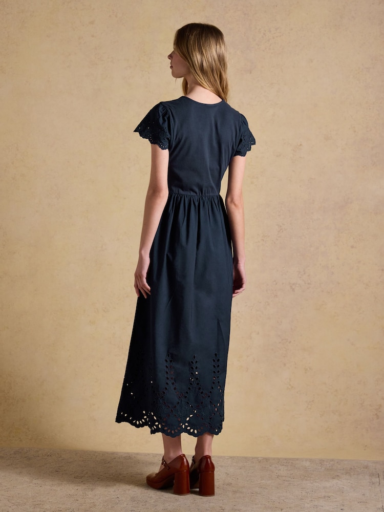 Joules Ivy Navy Shirred Jersey Woven Midi Dress With Broderie Sleeve Detail - Image 2 of 8