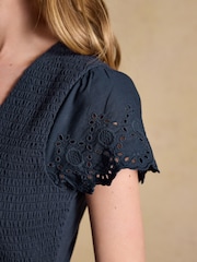 Joules Ivy Navy Shirred Jersey Woven Midi Dress With Broderie Sleeve Detail - Image 4 of 8