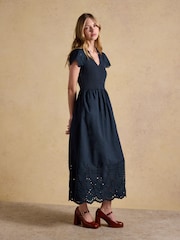 Joules Ivy Navy Shirred Jersey Woven Midi Dress With Broderie Sleeve Detail - Image 5 of 8
