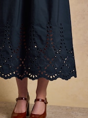 Joules Ivy Navy Shirred Jersey Woven Midi Dress With Broderie Sleeve Detail - Image 7 of 8