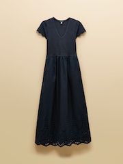 Joules Ivy Navy Shirred Jersey Woven Midi Dress With Broderie Sleeve Detail - Image 8 of 8