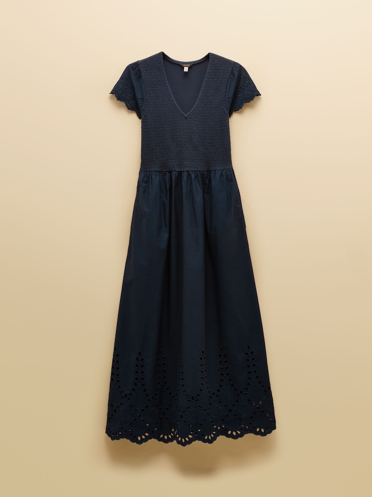 Joules Ivy Navy Shirred Jersey Woven Midi Dress With Broderie Sleeve Detail - Image 8 of 8