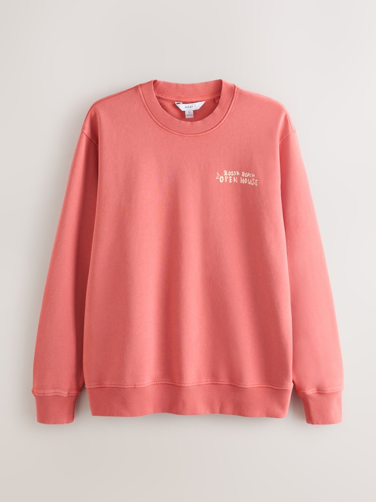 Coral Pink Graphic Print Crew Neck Sweatshirt - Image 2 of 5 Coral Pink Graphic Print Crew Neck Sweatshirt - Image 2 of 5