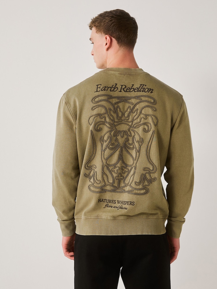 Хаки жашыл - Графикалык басма менен кооздолгон жакалуу свитер - 4ичинен 1 сүрөт