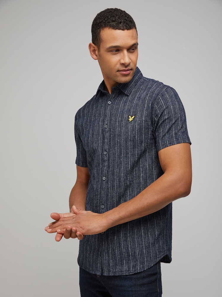 Lyle & Scott Blue Short Sleeve Ticking Stripe Shirt - Image 1 of 4 Lyle & Scott Blue Short Sleeve Ticking Stripe Shirt - Image 1 of 4