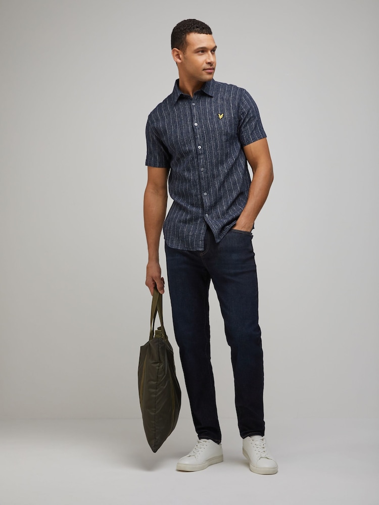 Lyle & Scott Blue Short Sleeve Ticking Stripe Shirt - Image 2 of 4 Lyle & Scott Blue Short Sleeve Ticking Stripe Shirt - Image 2 of 4