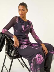 Roman Purple Floral Mesh Stretch Maxi Dress - Image 2 of 5