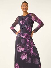 Roman Purple Floral Mesh Stretch Maxi Dress - Image 4 of 5