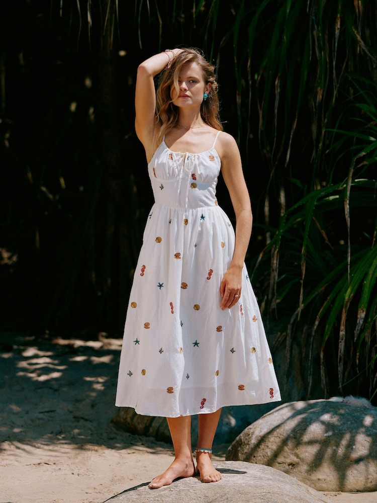 Joules Chloe Cream Sea Embroidered Midi Dress - Image 1 of 11