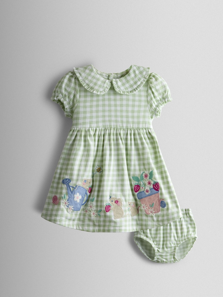 JoJo Maman Bébé Green Garden Mouse Appliqué Frill Collar Baby Dress - Image 1 of 7
