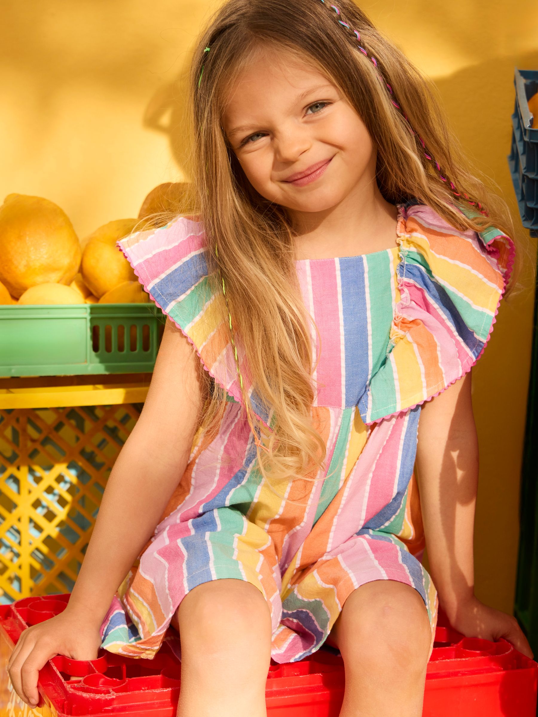 Jojo Maman Bébé Pink Rainbow Stripe Frill Shoulder Playsuit