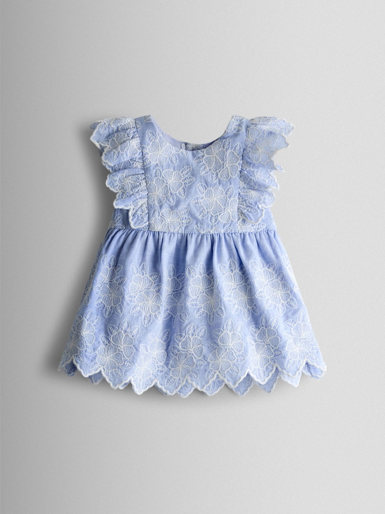 JoJo Maman Bébé Blue Broderie Dress, Bloomers & Headband Set - Image 2 of 7