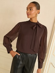 Love & Roses Chocolate Brown Long Sleeve Pussybow Blouse - Image 2 of 4