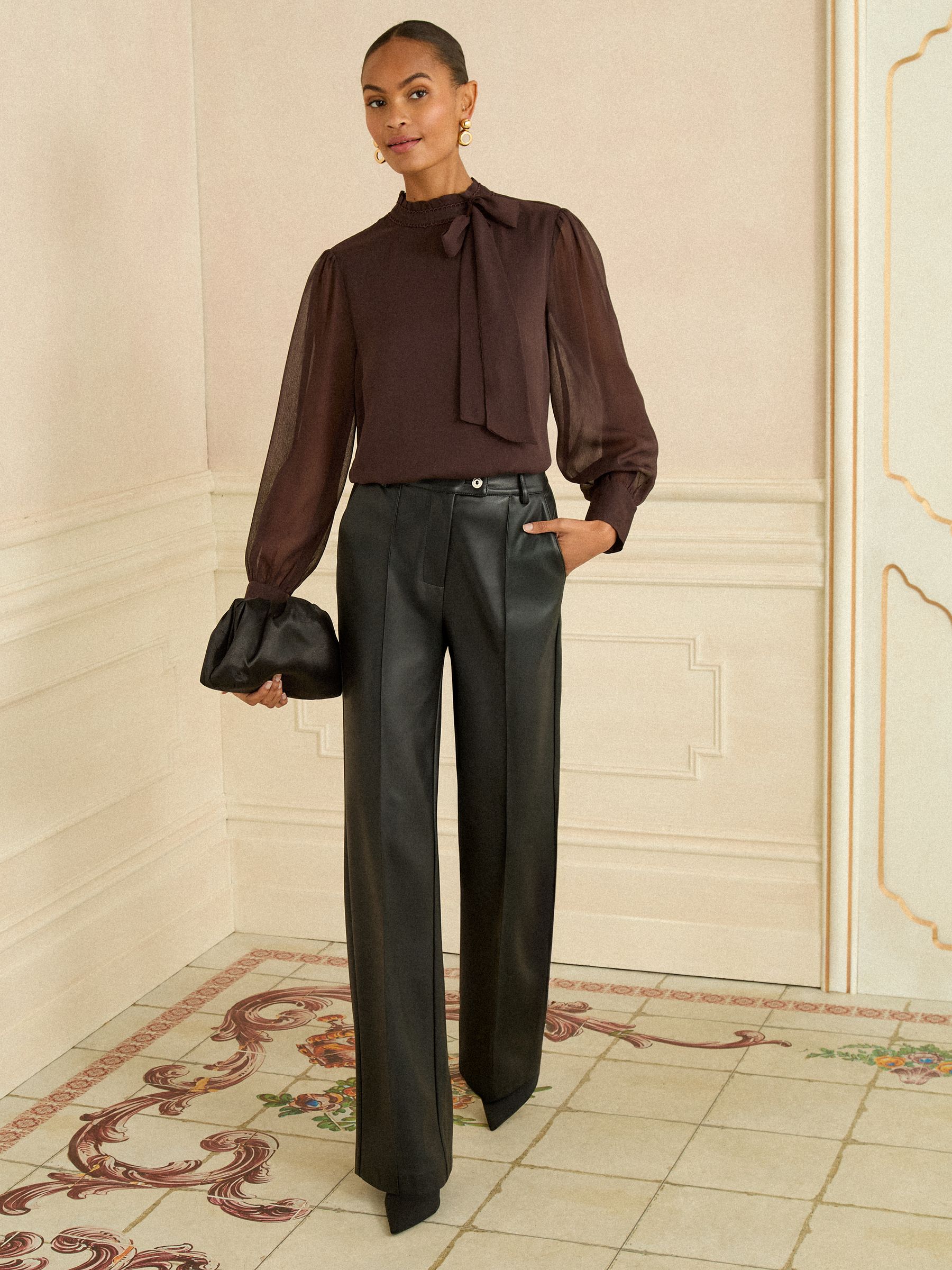 Buy Love & Roses Chocolate Brown Long Sleeve Pussybow Blouse from