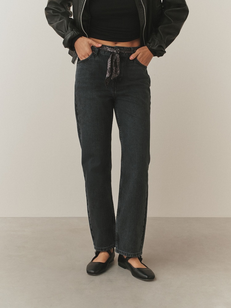 Washed Black Leopard Print Mid Rise Ankle Straight Leg Jeans With Scarf - Image 2 of 5 Washed Black Leopard Print Mid Rise Ankle Straight Leg Jeans With Scarf - Image 2 of 5