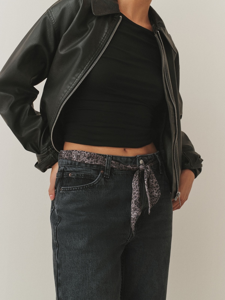 Washed Black Leopard Print Mid Rise Ankle Straight Leg Jeans With Scarf - Image 5 of 5 Washed Black Leopard Print Mid Rise Ankle Straight Leg Jeans With Scarf - Image 5 of 5