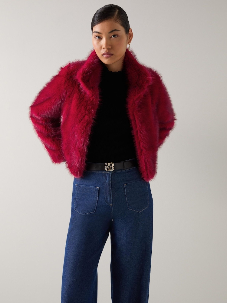 LK Bennett Red Noah Rio Plain Faux Fur Cropped Jacket - Image 1 of 4 LK Bennett Red Noah Rio Plain Faux Fur Cropped Jacket - Image 1 of 4